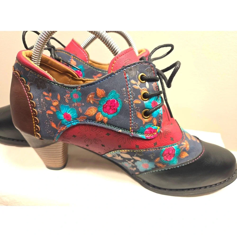 Floral Whimsigoth Witchy Fairy goth Patchwork Lace Up Oxford Heels Wingtip Sz 42